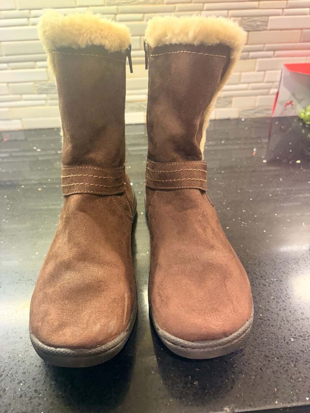 Earth Spirit Brown Faux Suede Fur Lined Winter Boots Side Zip Buckle